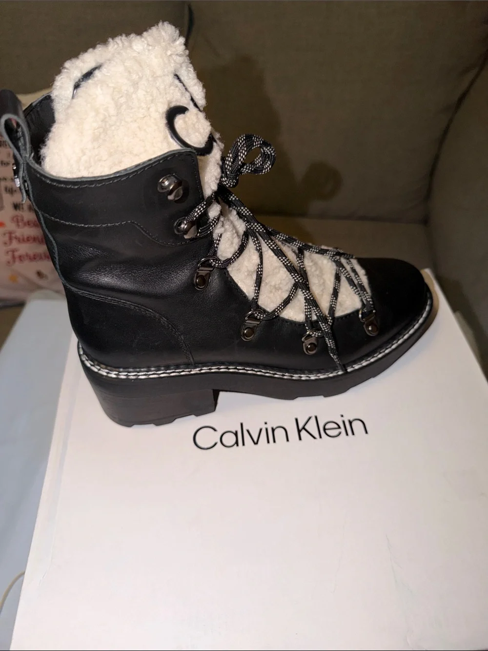 Calvin Klein Black Leather and White Sherpa Lace-Up Winter Boots